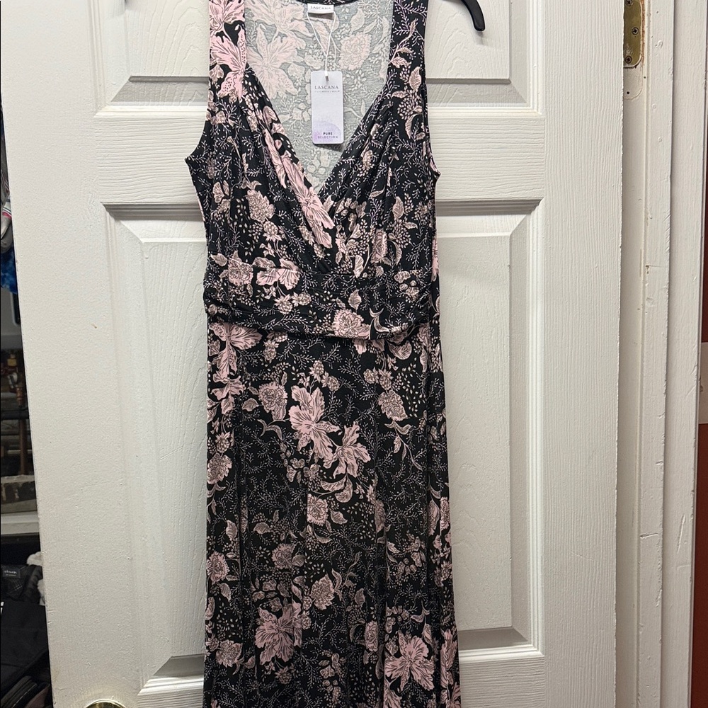 Sleeveless Floral Midi Wrap Dress - Pink on Black